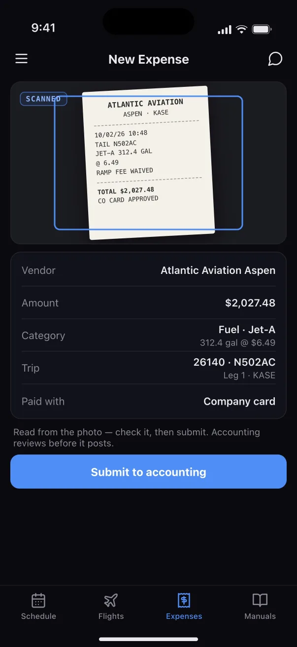 A scanned fuel receipt with its fields read, ready to submit to accounting.