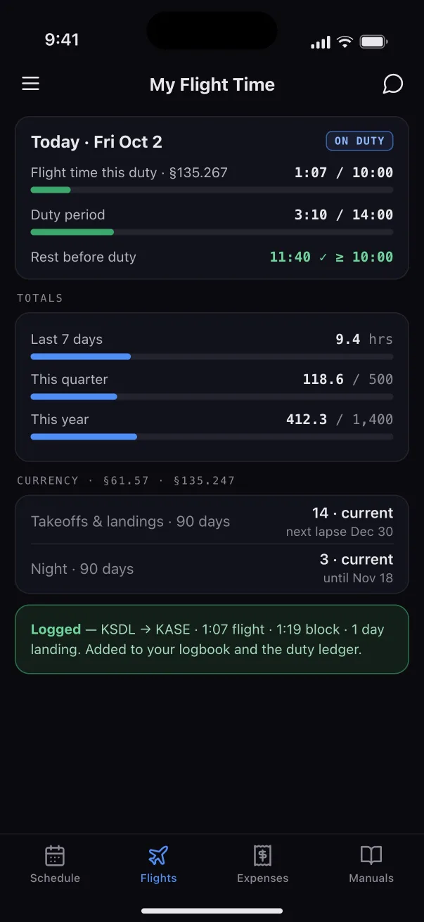 My Flight Time: today’s flight time, duty and rest, totals, and currency.