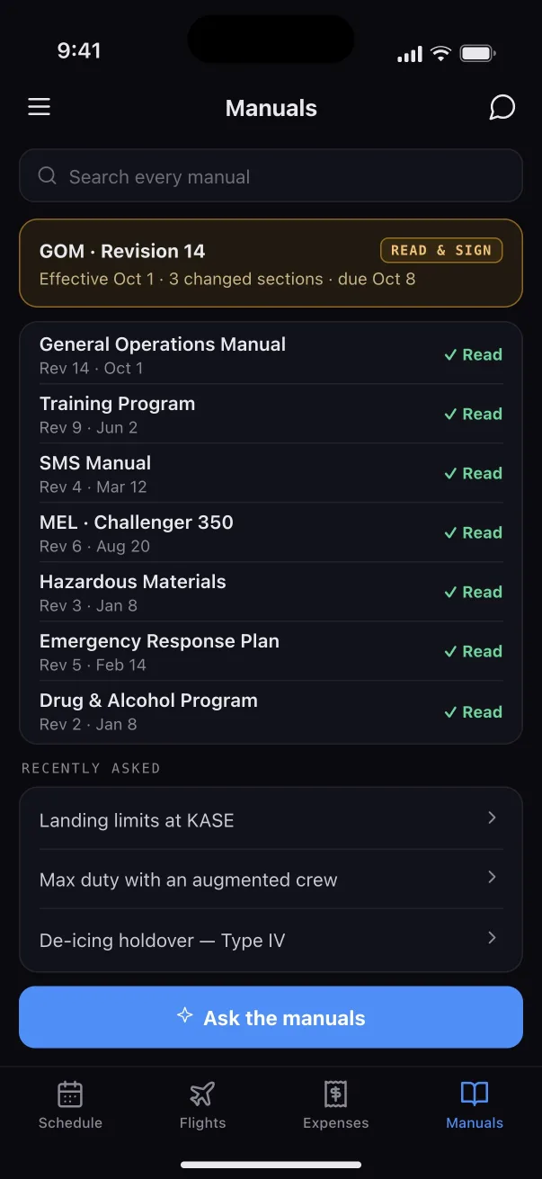 Manuals on the phone: a GOM revision to read and sign, and every manual marked read.
