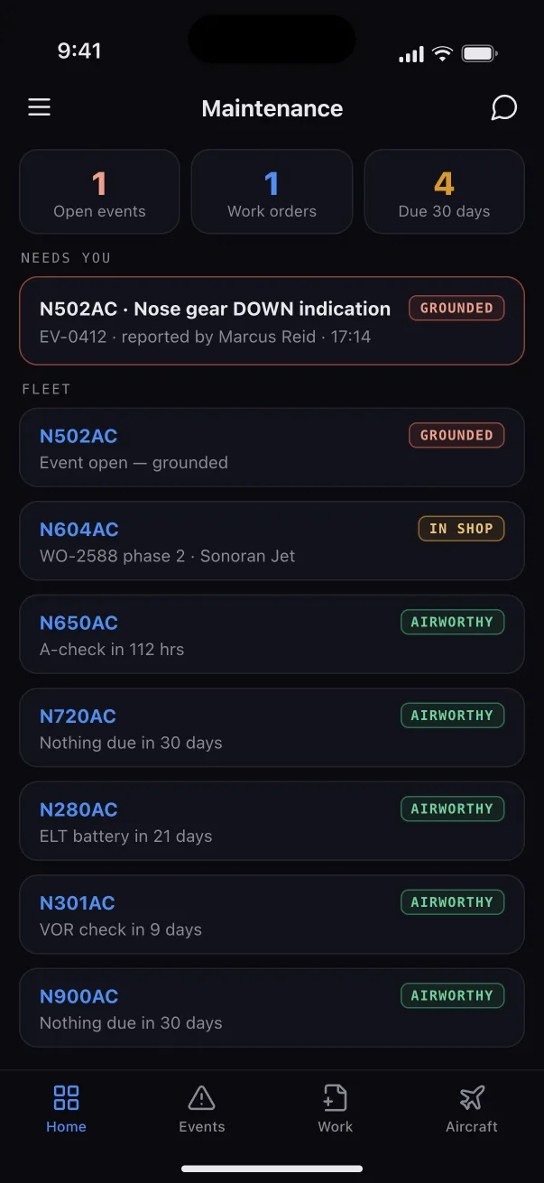 Maintenance app: the queue, with a grounded tail at the top.