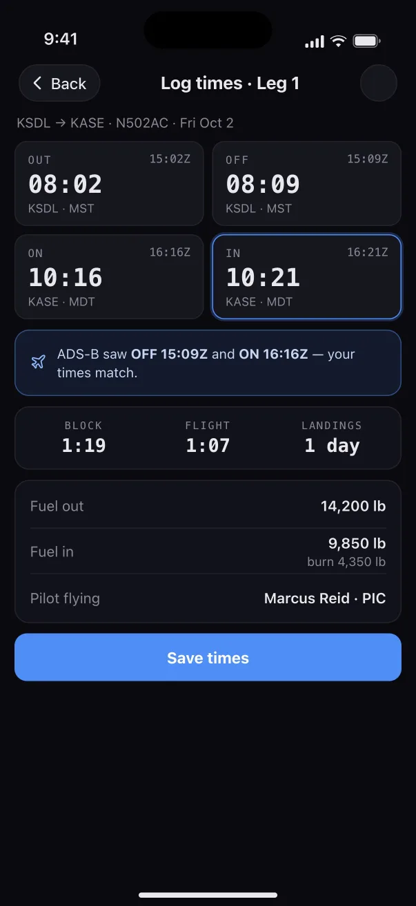 Logging out, off, on and in times for leg 1, matched against ADS-B.
