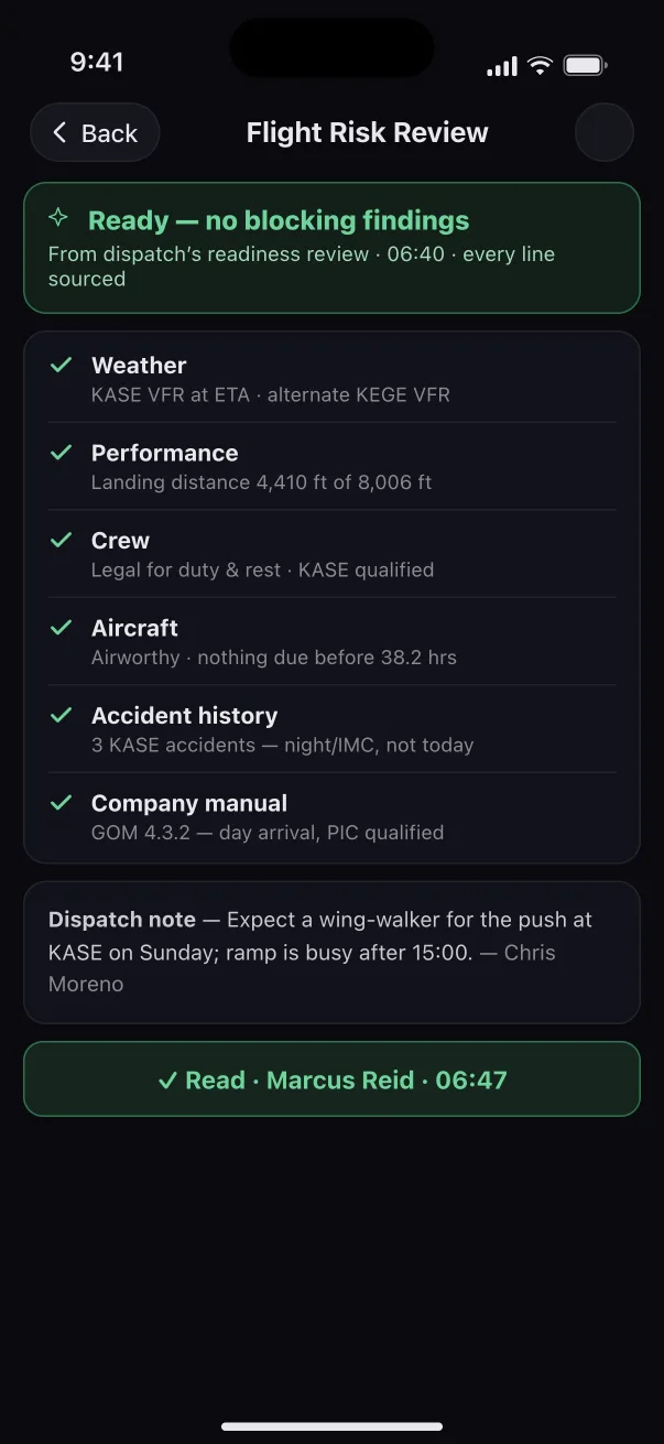 The flight risk review on the phone: ready, no blocking findings.