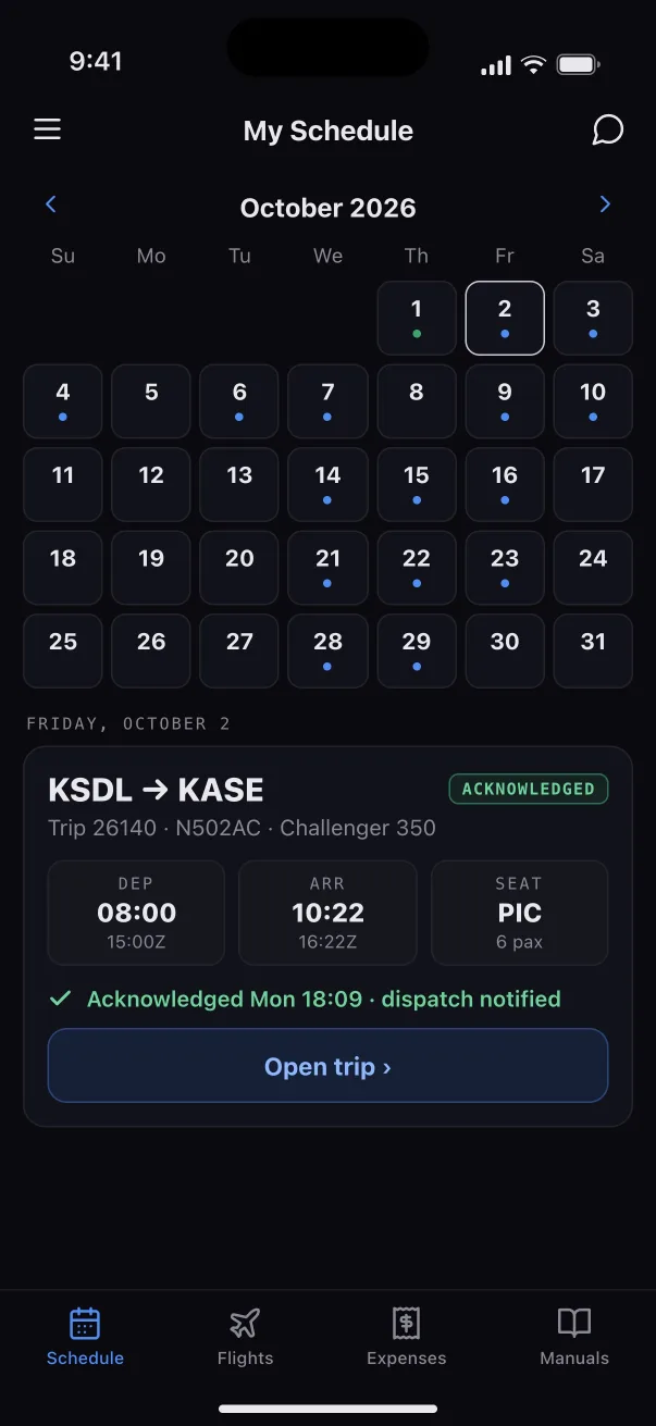My Schedule for October with trip 26140 acknowledged.