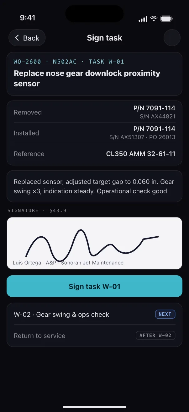 Maintenance app: signing a work order task on the phone.