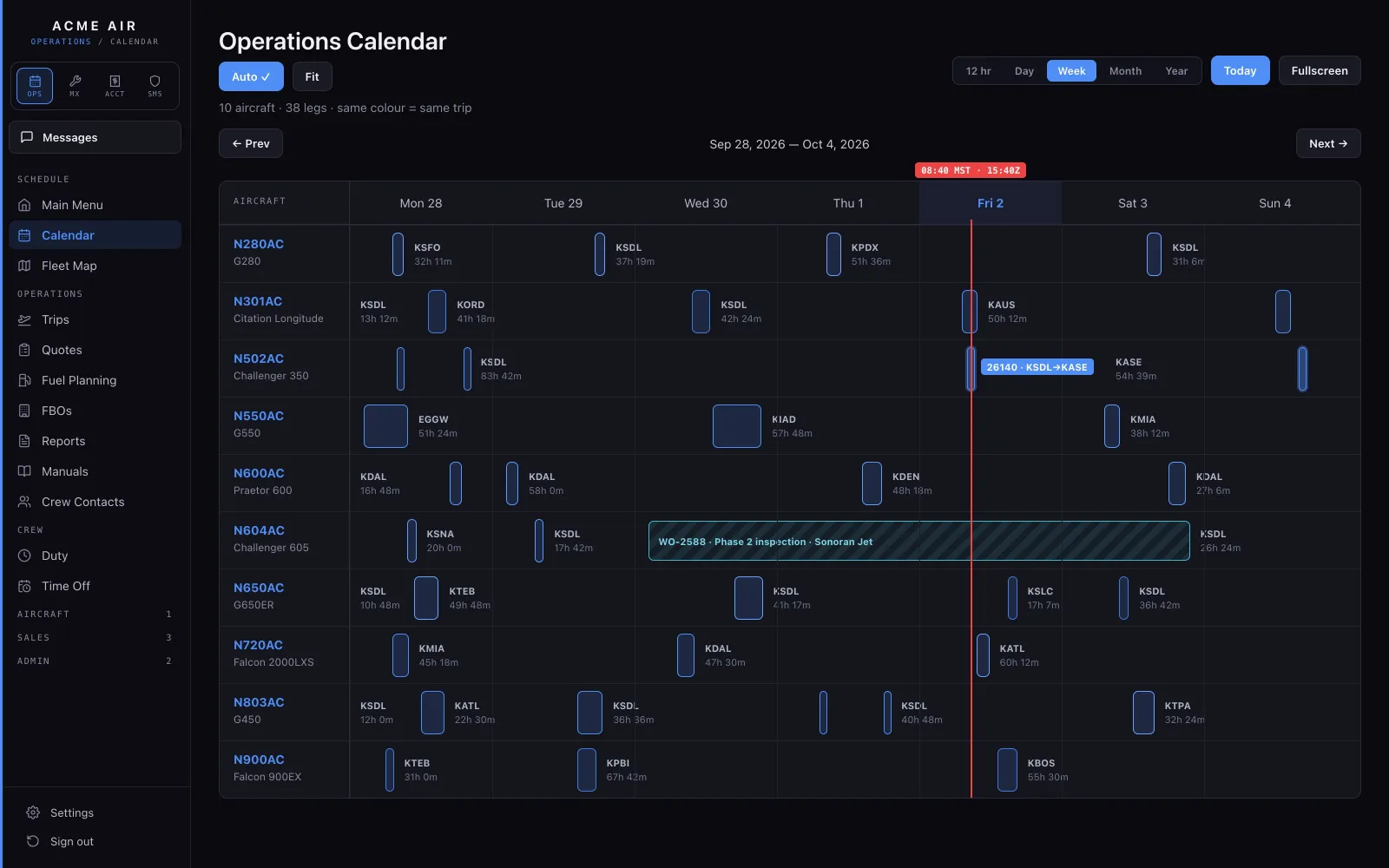 The Operations Calendar: a week of legs for ten aircraft on one timeline.
