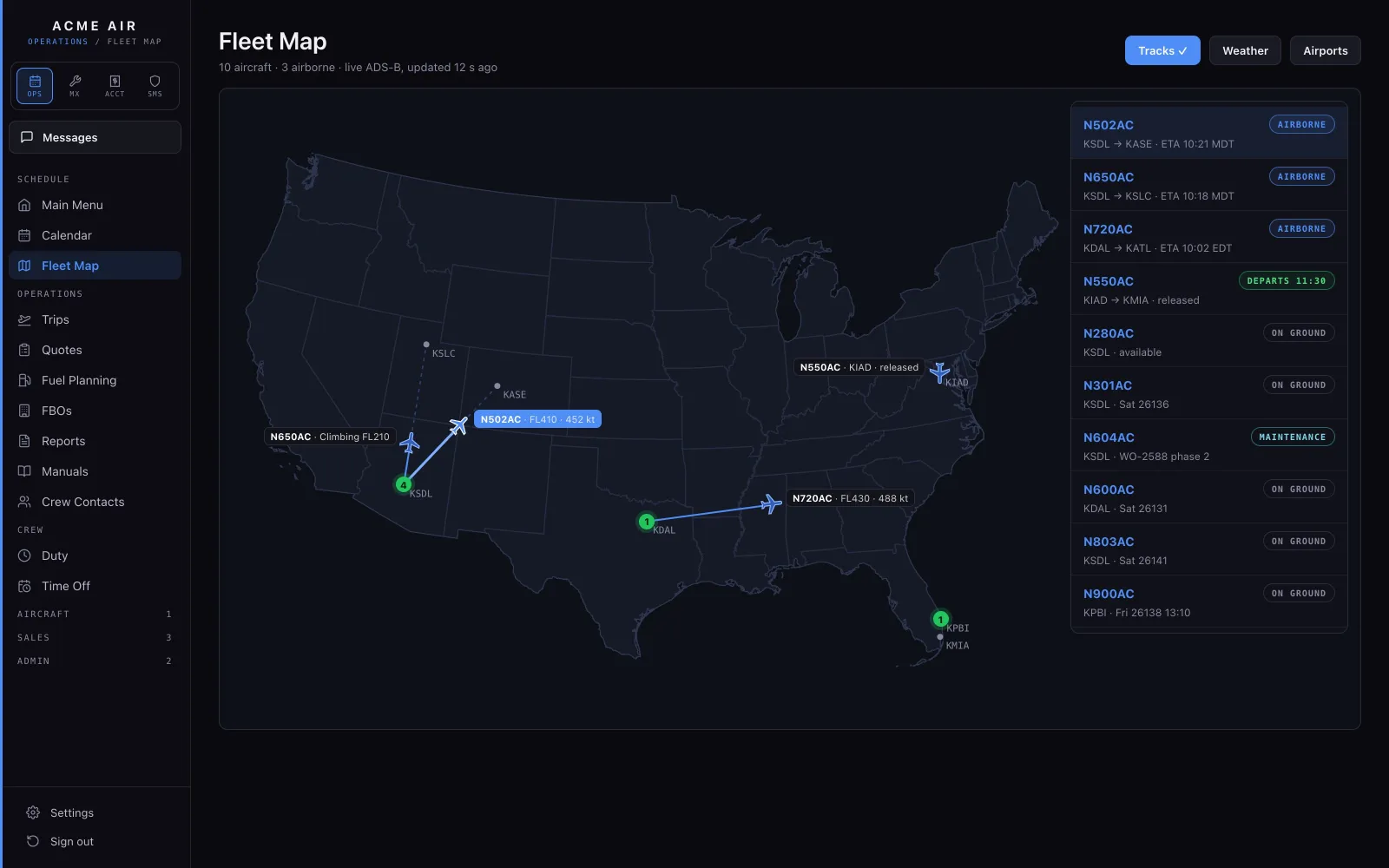 The Fleet Map with aircraft positions from ADS-B.
