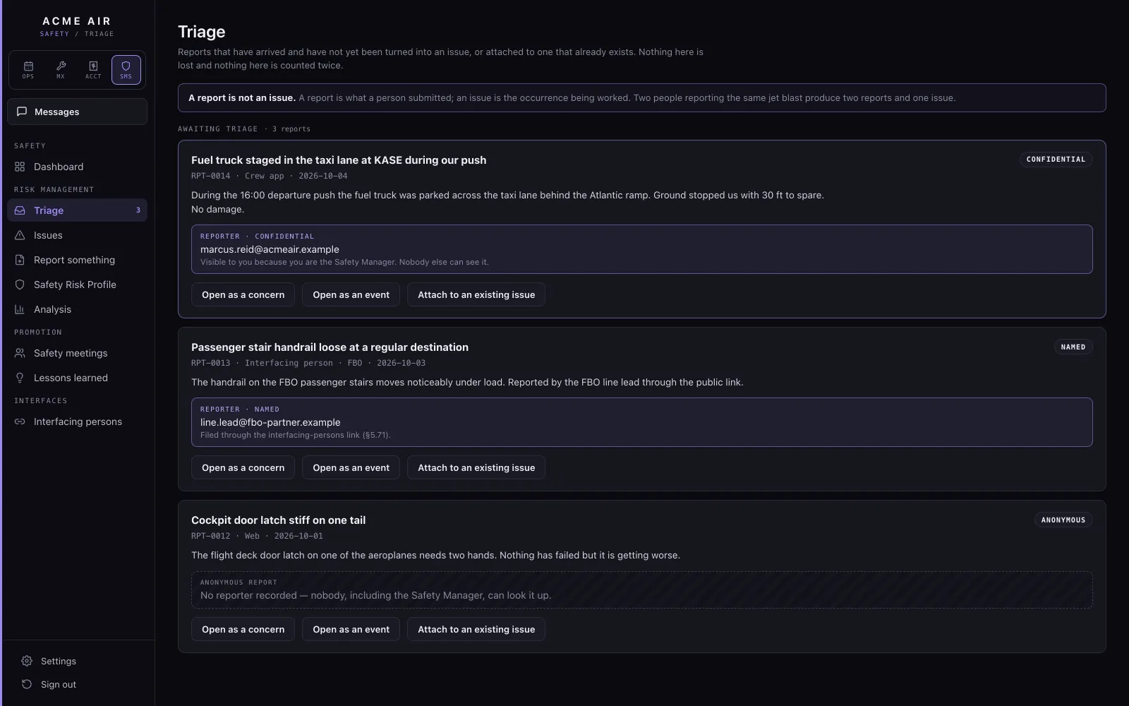 The triage queue of new reports.